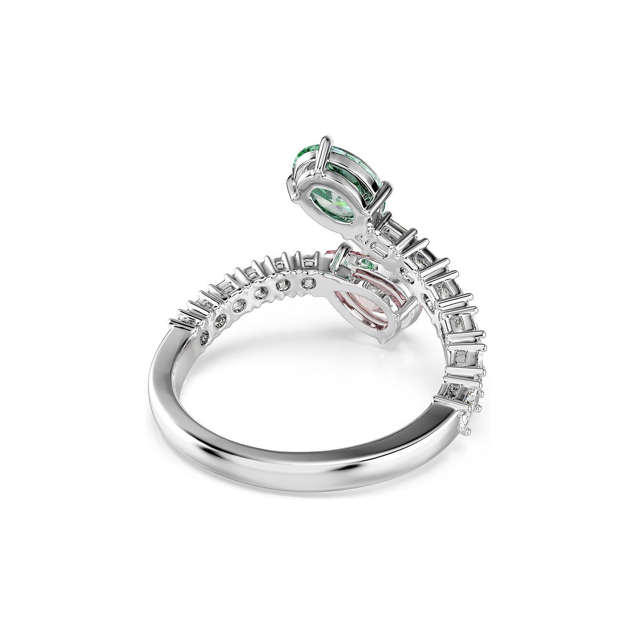 Swarovski Metall Ring mit zwei tropfenförmigen Farbsteinen in Grün und Rosa, umgeben von kleinen Swarovski Kristallen.