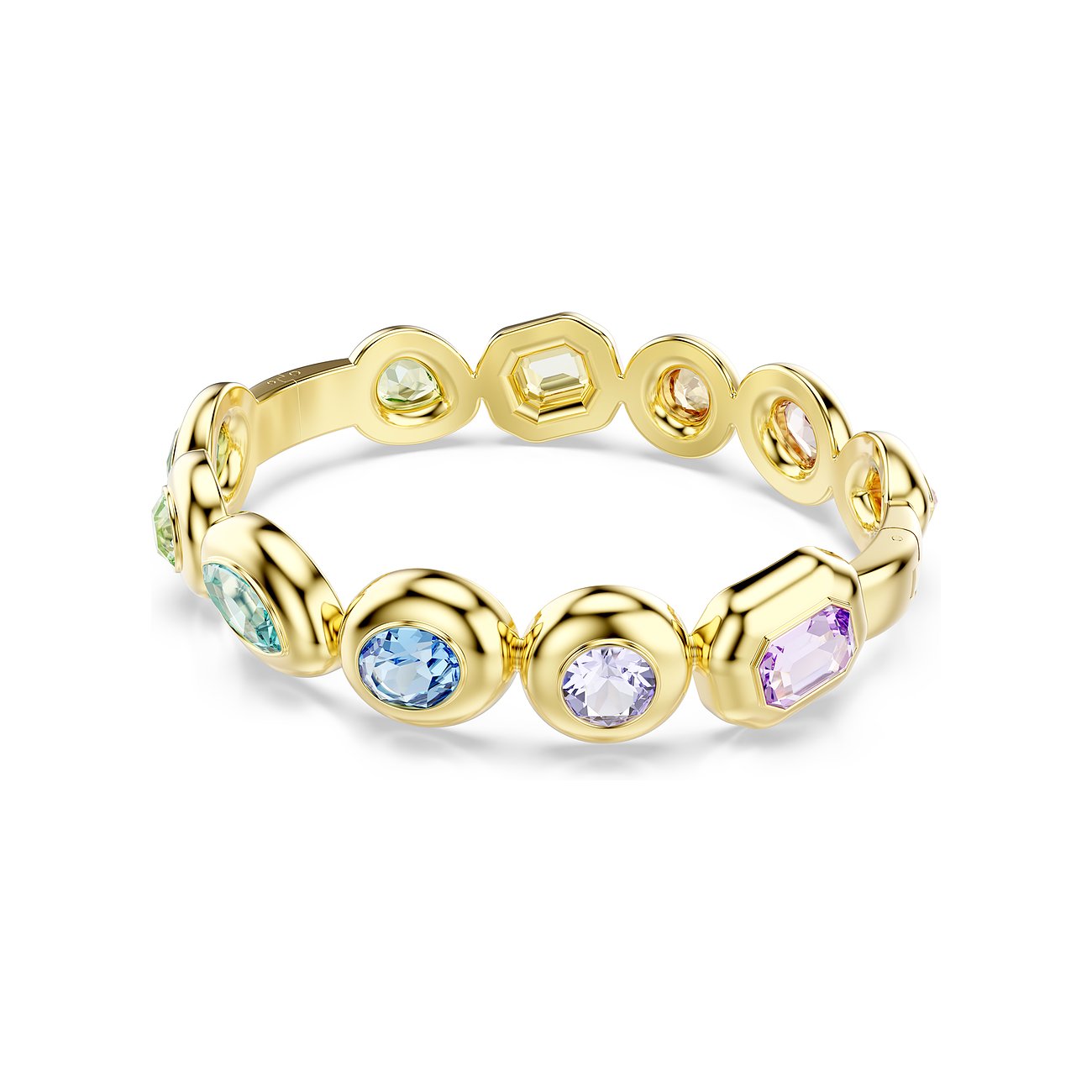 Swarovski Armschmuck aus gelb-goldenem Metall mit runden und eckigen Swarovski-Kristallen in verschiedenen Farben.