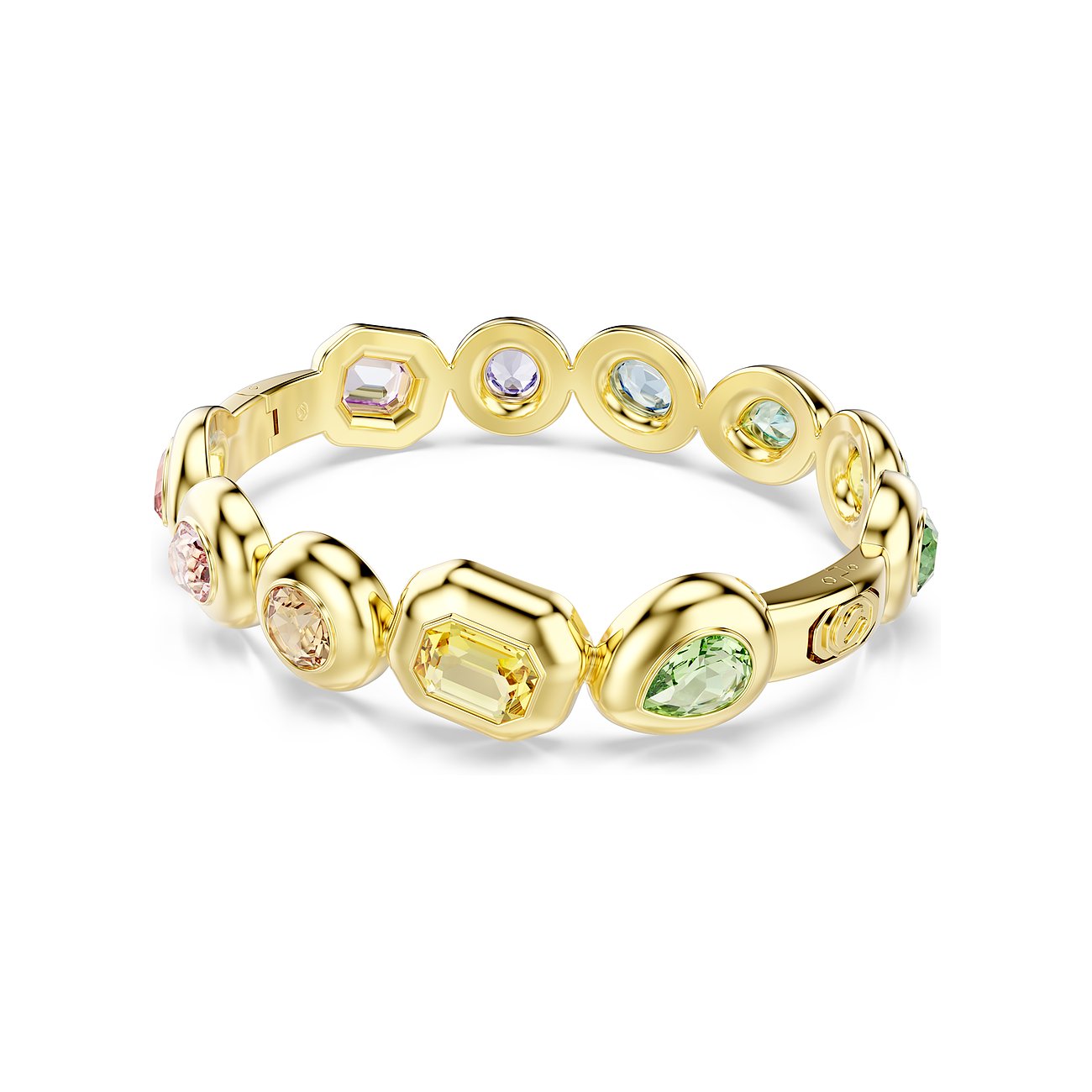 Ein goldenes Swarovski Metall-Armband mit vielen bunten, facettierten Farbkristallen in verschiedenen Formen.