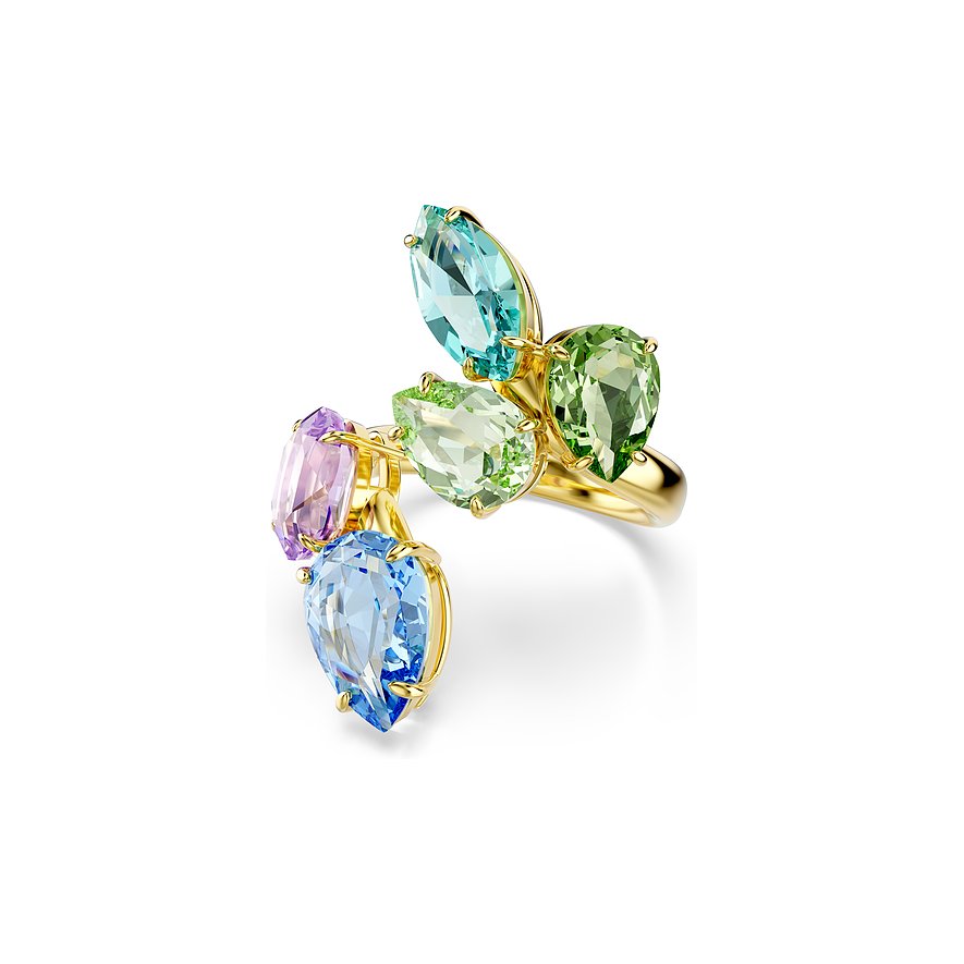 Swarovski Ring aus Metall mit mehreren verschiedenfarbigen tropfenförmigen und ovalen Swarovski-Kristallen.