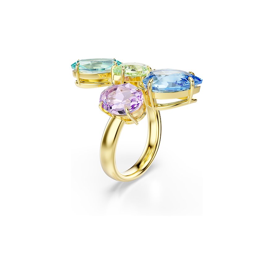 Swarovski Ring aus goldenem Metall mit vier ovalen Swarovski-Kristallen in Pastellrosa, Blau, Grün und Türkis.