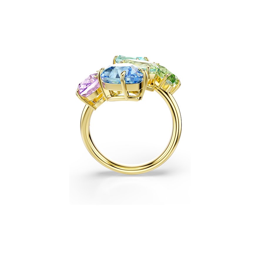 Swarovski Ring aus Metall mit mehreren ovalen farbigen Swarovski-Kristallen in Blau, Grün und Lila.