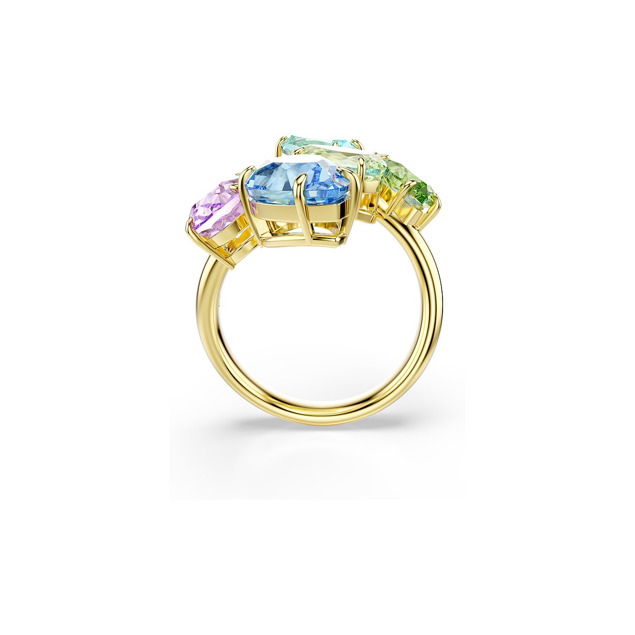Swarovski Ring aus Metall mit mehreren ovalen farbigen Swarovski-Kristallen in Blau, Grün und Lila.
