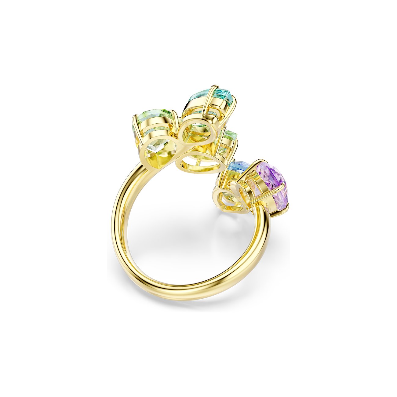 Swarovski Ring aus goldenem Metall mit bunten Swarovski-Kristallen in Pastelltönen von Grün, Blau und Lila.