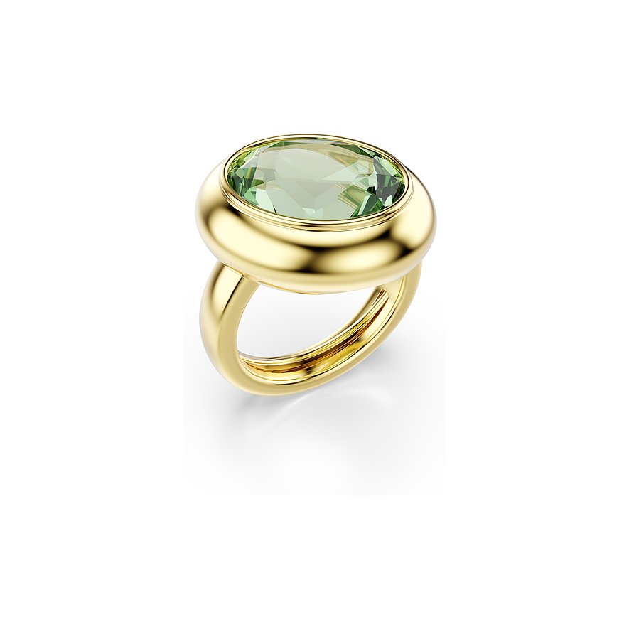 Swarovski ring van goudkleurig metaal, vooraanzicht, bezet met een ovale, lichtgroene Swarovski kristal.