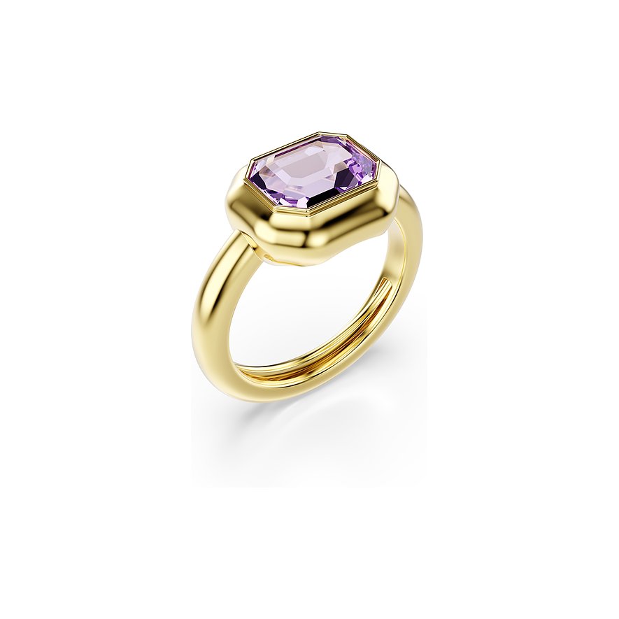 Swarovski ring van goudkleurig metaal met een rechthoekig, paars Swarovski kristal als kleuredelsteen.