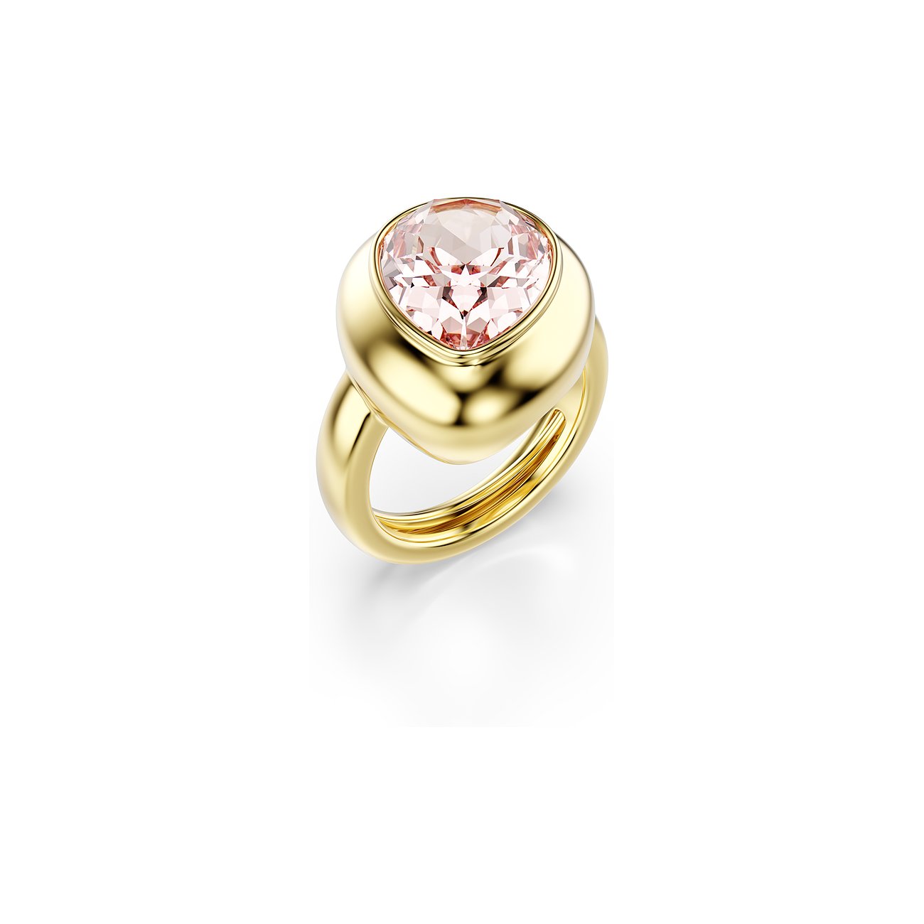Swarovski ring van goudkleurig metaal met een lichtroze, druppelvormige kleursteen in het midden.