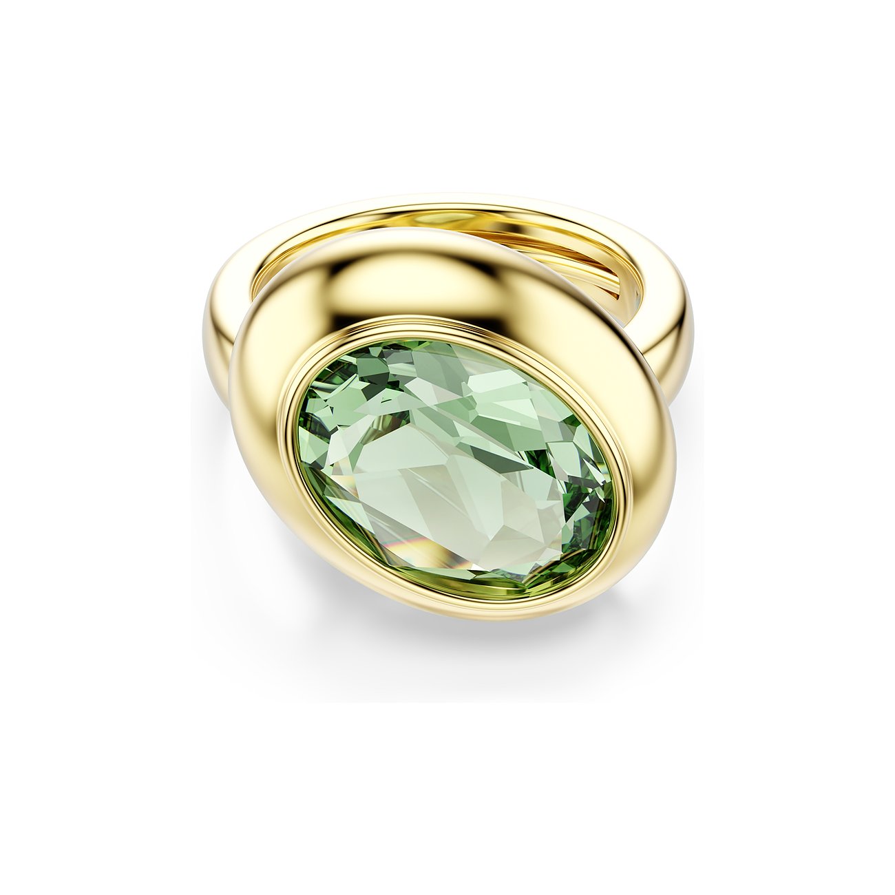 Swarovski ring van goudkleurig metaal met een grote ovale, gefacetteerde groene Swarovski-kristal.
