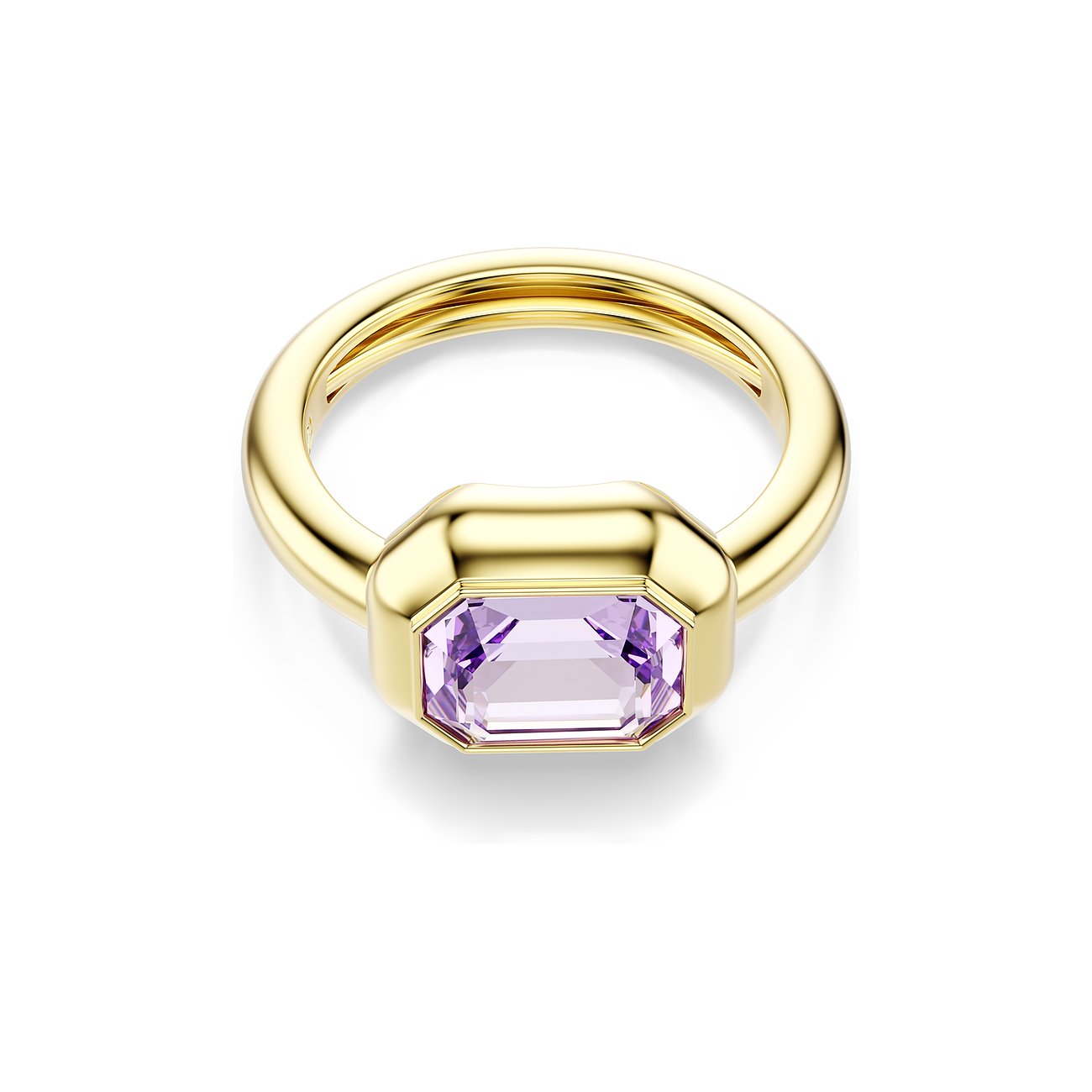 Een goudkleurige Swarovski ring van metaal met één enkele, achthoekige, paarse Swarovski-kristal.