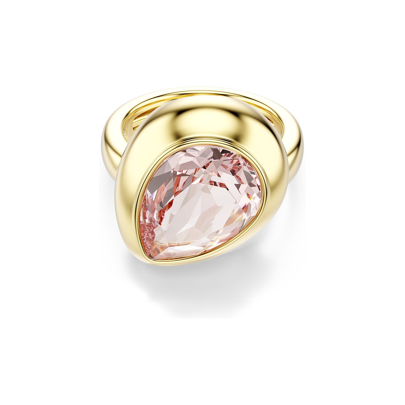 Swarovski ring van goudkleurig metaal met een druppelvormig roze Swarovski-kristal.