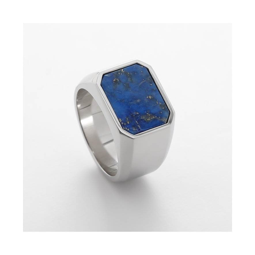 FAVS Herrenring aus Edelstahl mit glänzendem Finish und einem rechteckigen Lapislazuli-Farbstein in der Mitte.