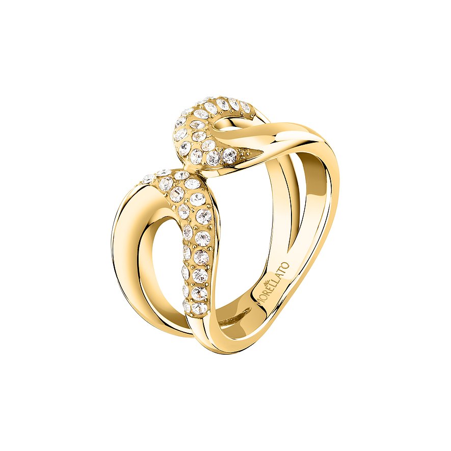 Morellato Ring aus goldfarbenem Edelstahl mit zwei geschwungenen, mit Kristallen besetzten Strängen.