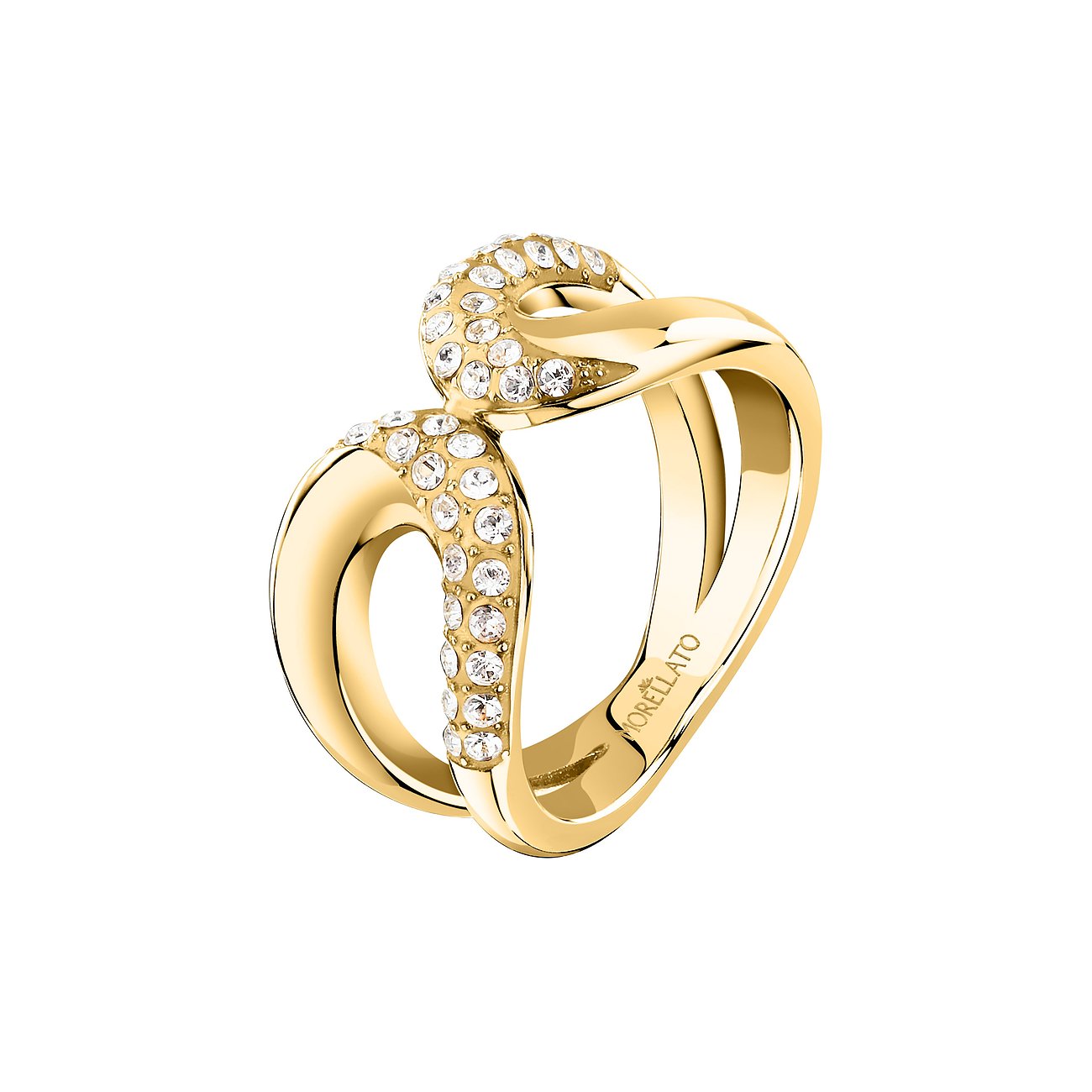Morellato Ring aus goldfarbenem Edelstahl mit zwei geschwungenen, mit Kristallen besetzten Strängen.