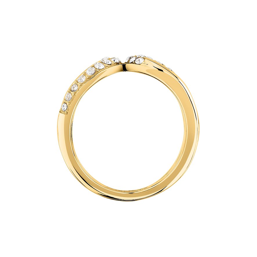 Ein glänzender goldfarbener Morellato Ring aus Edelstahl mit V-förmiger Oberseite, besetzt mit funkelnden Kristallen.