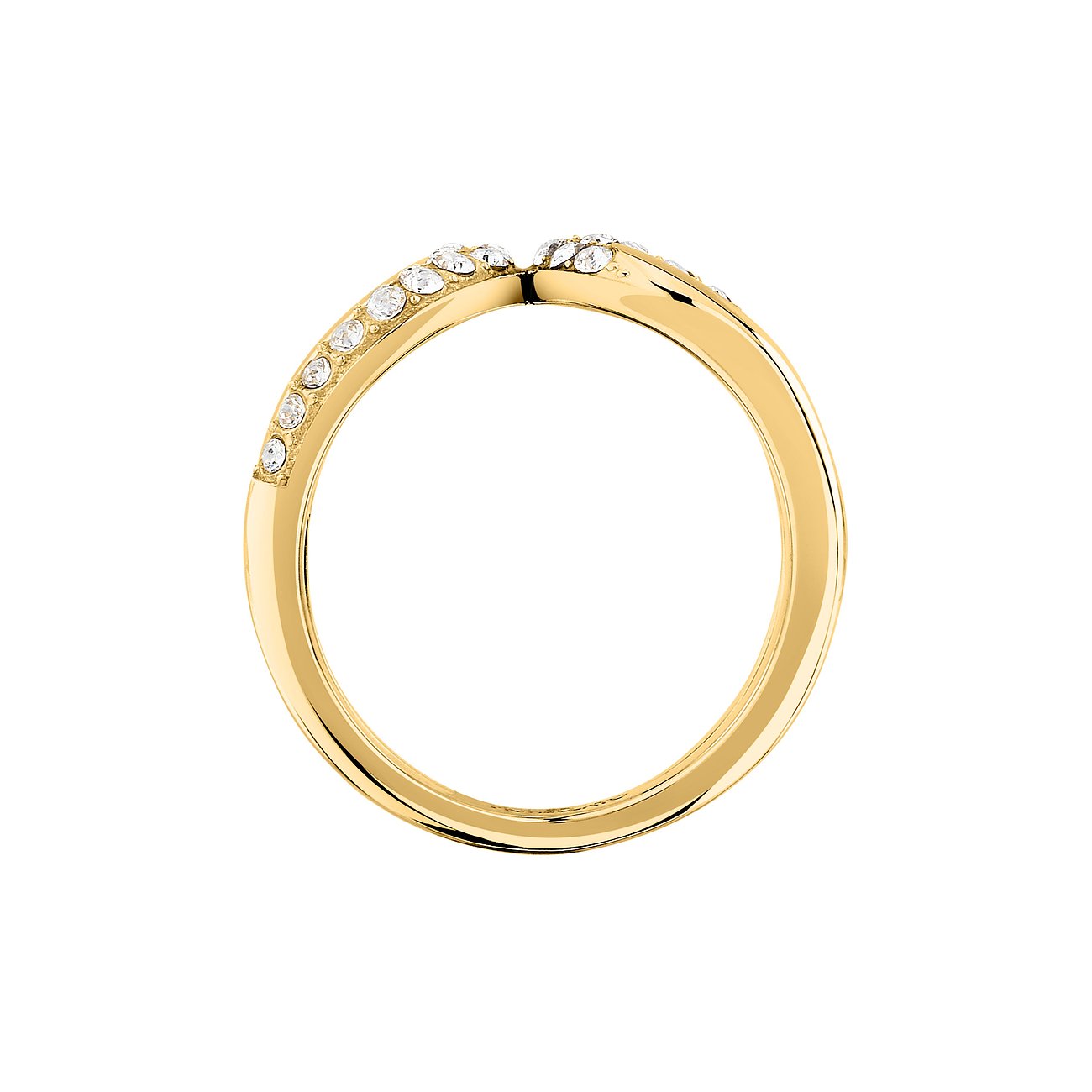 Ein glänzender goldfarbener Morellato Ring aus Edelstahl mit V-förmiger Oberseite, besetzt mit funkelnden Kristallen.