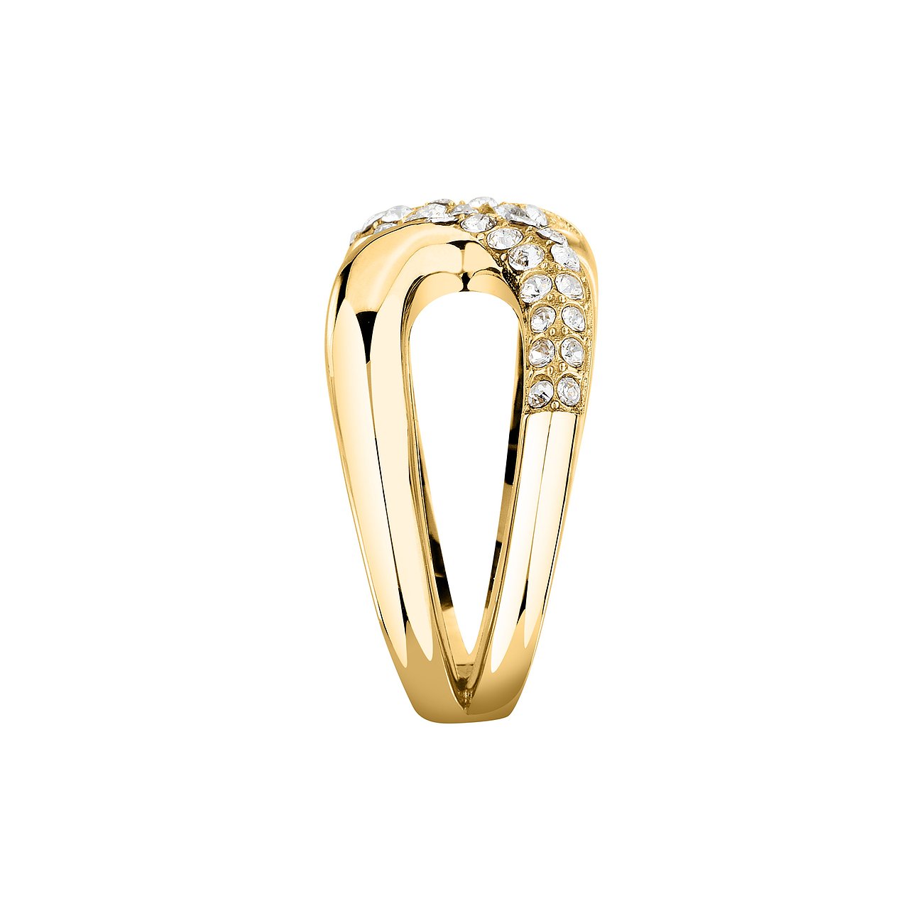 Ein goldfarbener Morellato-Ring aus Edelstahl, besetzt mit funkelndem Kristall-Farbstein, von der Seite gesehen.