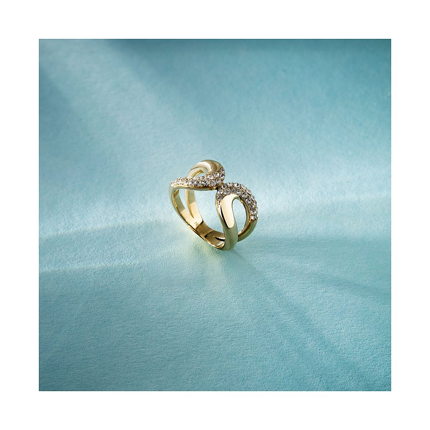 Morellato Ring aus goldfarbenem Edelstahl mit gewundenen Linien, auf einer Seite mit glitzernden Kristallen besetzt.