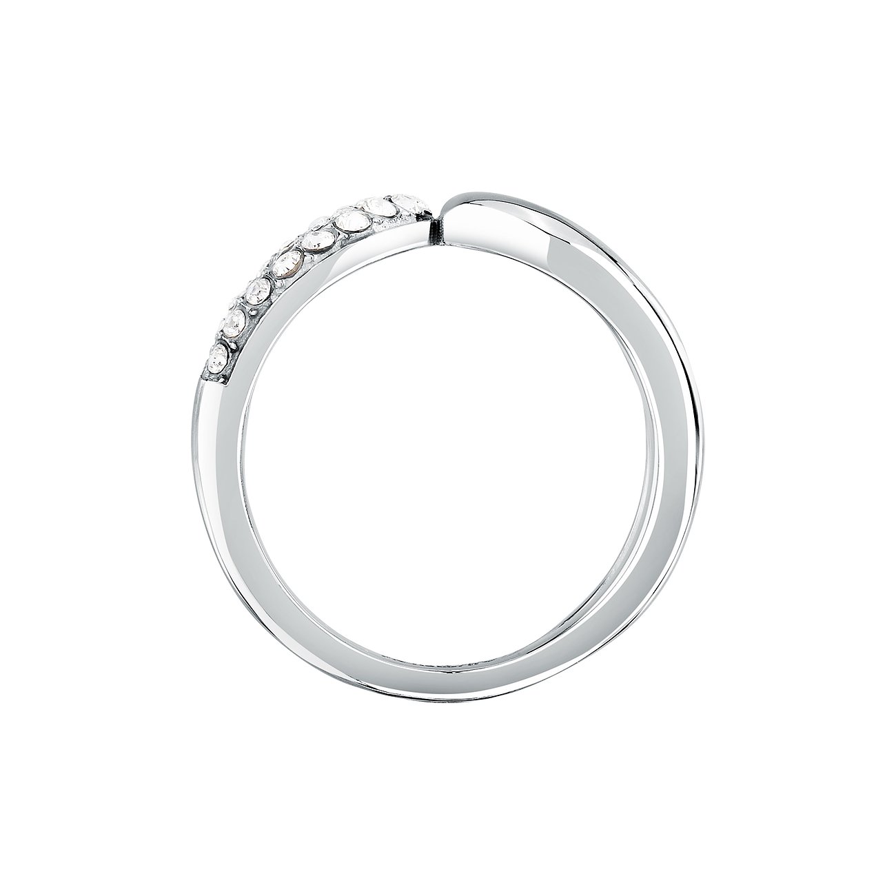 Morellato Ring aus Edelstahl mit V-förmigem Design, besetzt mit funkelnden Kristallen, von der Seite aufgenommen.