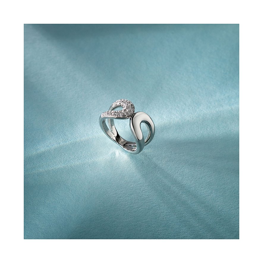 Ein Morellato Ring aus Edelstahl mit geschwungenen Formen, besetzt mit funkelnden klaren Kristallen auf einer Seite.