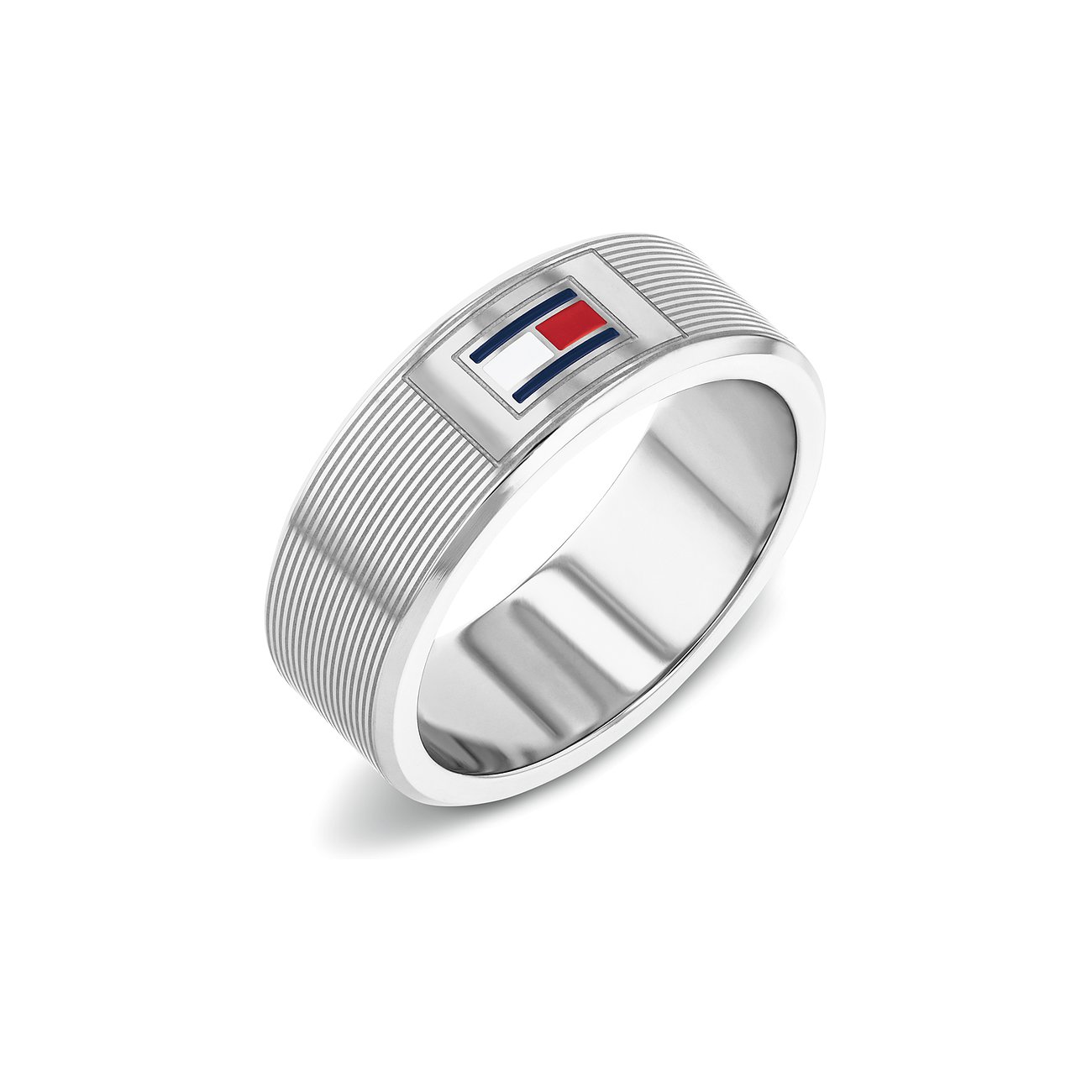 Een Tommy Hilfiger ring van roestvrij staal met het typische Tommy Hilfiger-logo en zilveren zijstrepen.