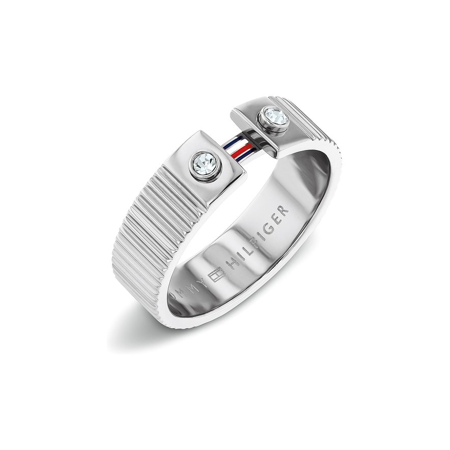 Tommy Hilfiger Ring aus Edelstahl mit zwei Kristallen und dem Markenlogo in Rot, Weiß und Blau.