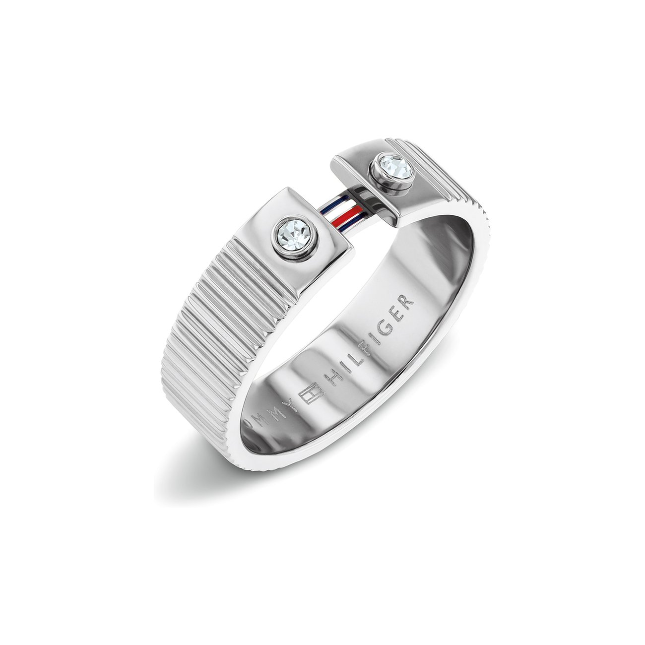 Tommy Hilfiger Ring aus Edelstahl mit zwei Kristallen und dem Markenlogo in Rot, Weiß und Blau.