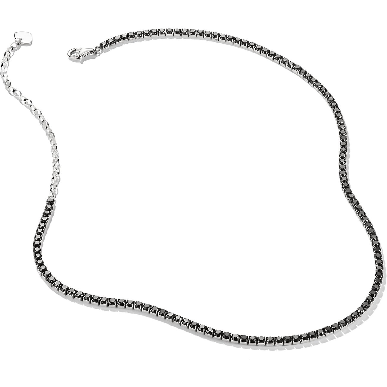 Thomas Sabo Halsschmuck aus Silber mit schwarzen Zirkonia Farbsteinen, offen auf weißem Hintergrund liegend.