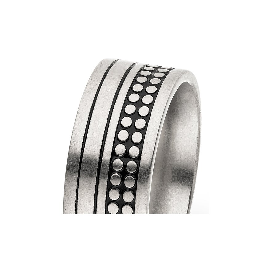 Nahaufnahme eines s.Oliver Herrenrings aus Edelstahl mit vertikalen Streifen und einer Reihe von Punkten in der Mitte.