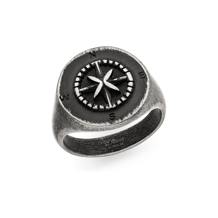 Ein s.Oliver Ring aus Edelstahl, gebürstet und in antiker Optik, mit Kompassrose in dunklem Metallic-Ton.