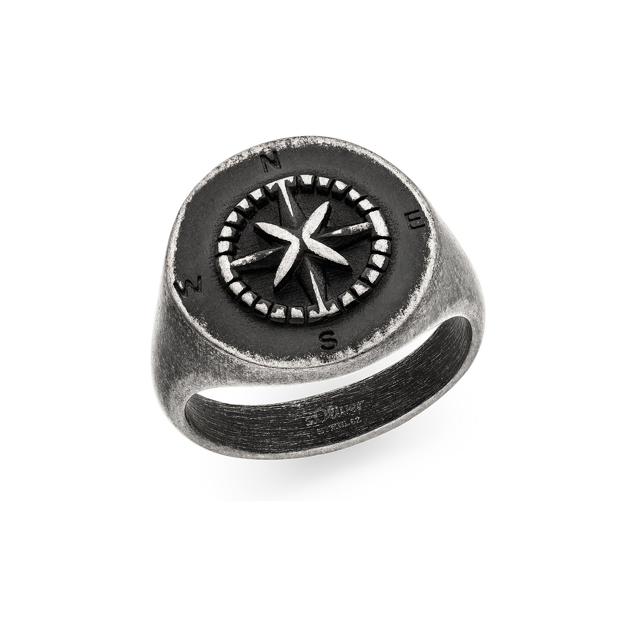 Ein s.Oliver Ring aus Edelstahl, gebürstet und in antiker Optik, mit Kompassrose in dunklem Metallic-Ton.