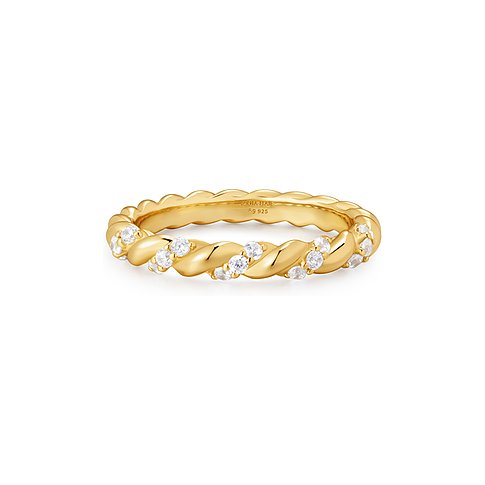 Ania Haie Ring aus silbernem, gelbvergoldetem Silber mit Zirkonia-Steinen im gedrehten Design.