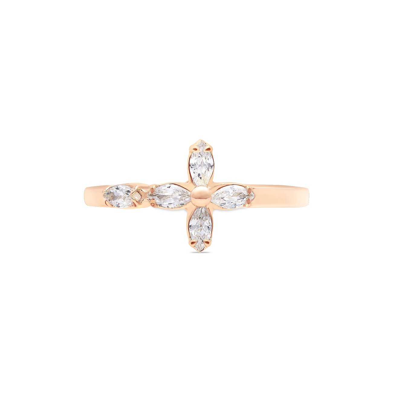 Tamaris Ring aus rosévergoldetem Edelstahl mit blütenförmigem Aufsatz aus Zirkonia und Seitensteinen.