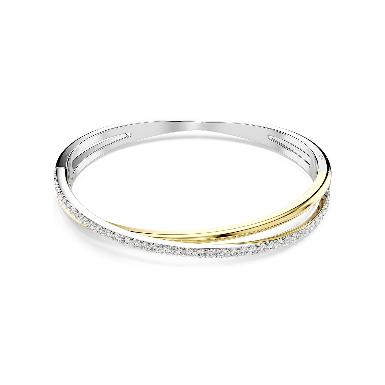 Swarovski Armreif aus Metall, zweifarbig in Silber und Gold, verziert mit funkelnden Swarovski-Kristallen.