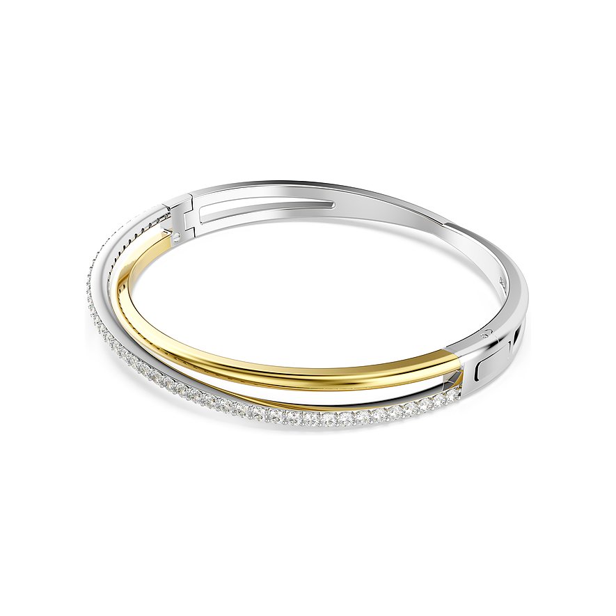 Ein glänzendes, zweifarbiges Swarovski Armband aus Metall, verziert mit funkelnden Swarovski Kristallen.