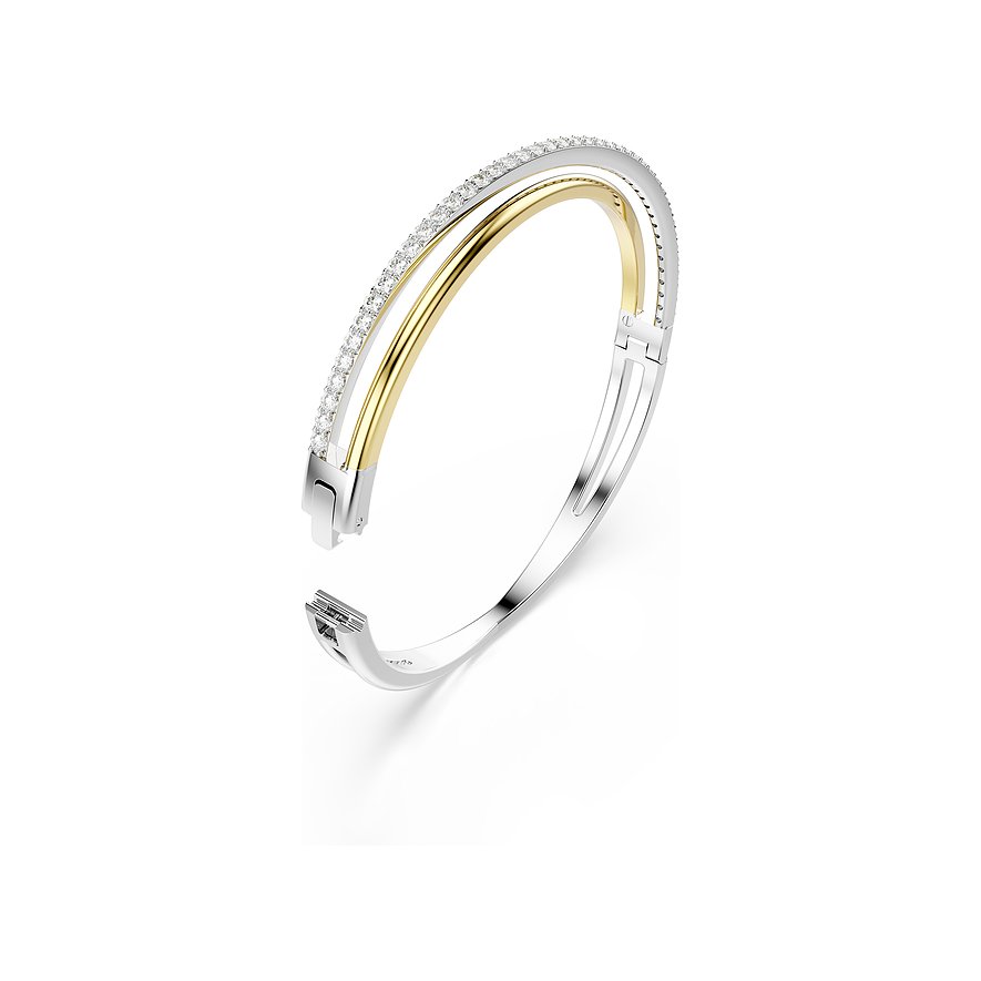 Swarovski Armreif aus Metall, teilweise golden und mit Swarovski-Kristallen besetzt, offen präsentiert.