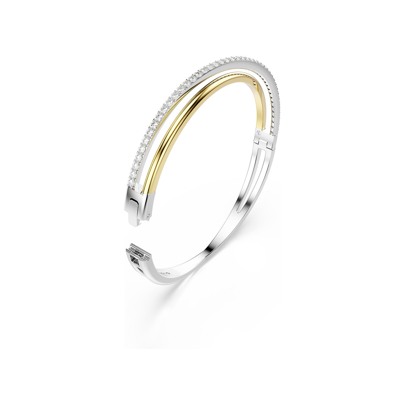 Swarovski Armreif aus Metall, teilweise golden und mit Swarovski-Kristallen besetzt, offen präsentiert.