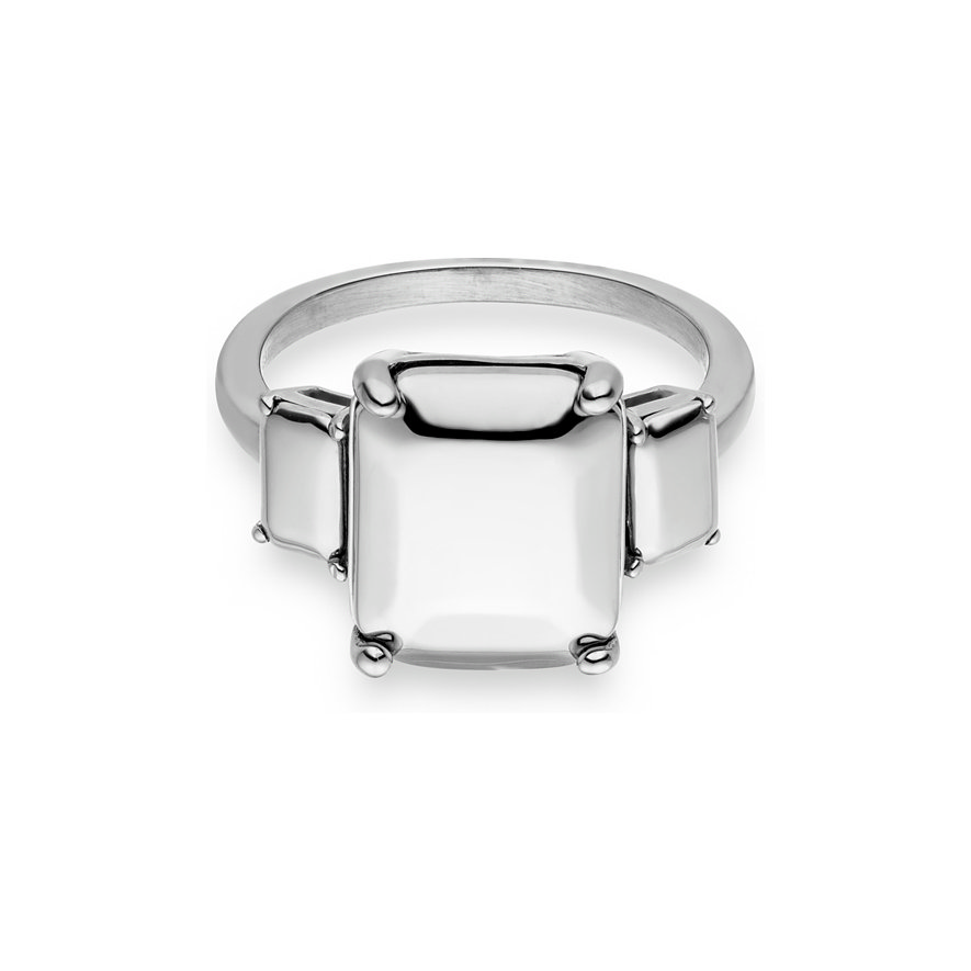 Liebeskind Ring aus Edelstahl mit breitem Band und drei rechteckigen, hochglanzpolierten Schmucksteinen.