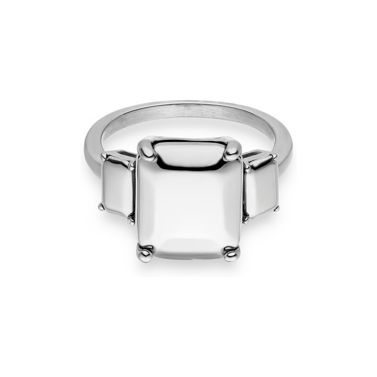 Liebeskind Ring aus Edelstahl mit breitem Band und drei rechteckigen, hochglanzpolierten Schmucksteinen.