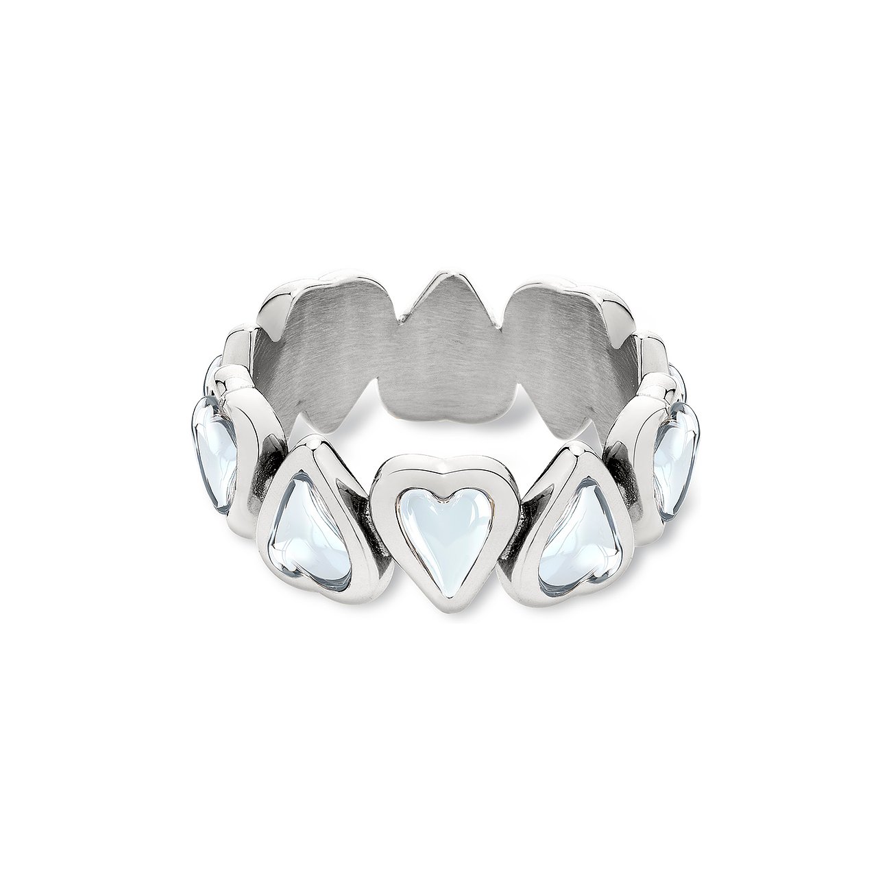 La bague Liebeskind en acier inoxydable présente une série d'éléments en forme de cœur avec des pierres précieuses bleues.