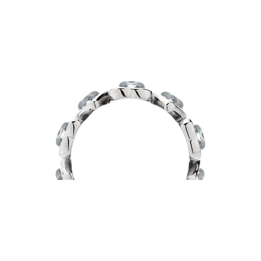 Gros plan d'une bague Liebeskind en acier inoxydable, ornée de plusieurs pierres précieuses ovales claires sur le dessus.