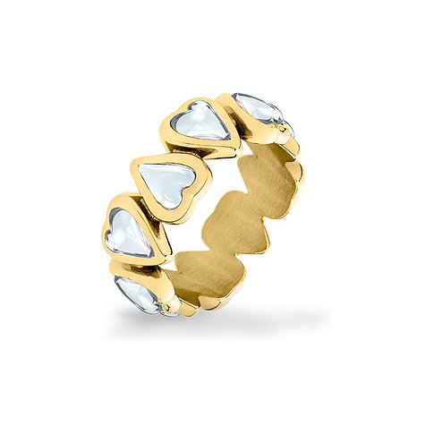 Anello Liebeskind in acciaio inox color oro con una fila di pietre preziose chiare a forma di cuore.