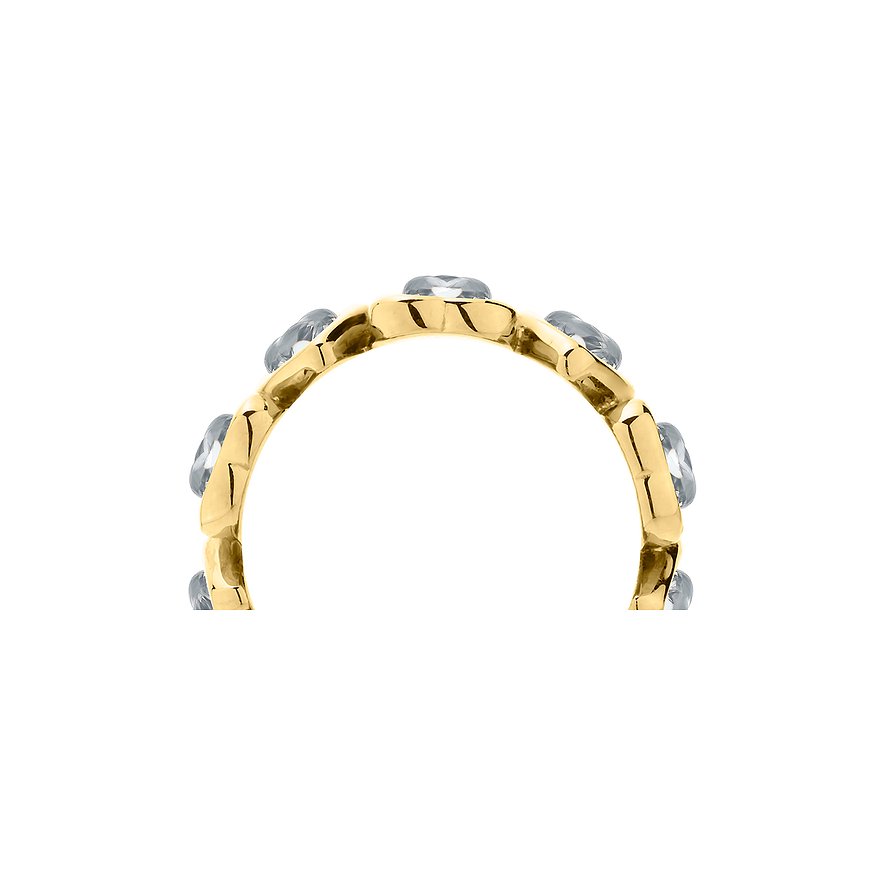 Ein gebogener Liebeskind Ring aus goldfarbenem Edelstahl, besetzt mit mehreren ovalen, klaren Schmucksteinen.