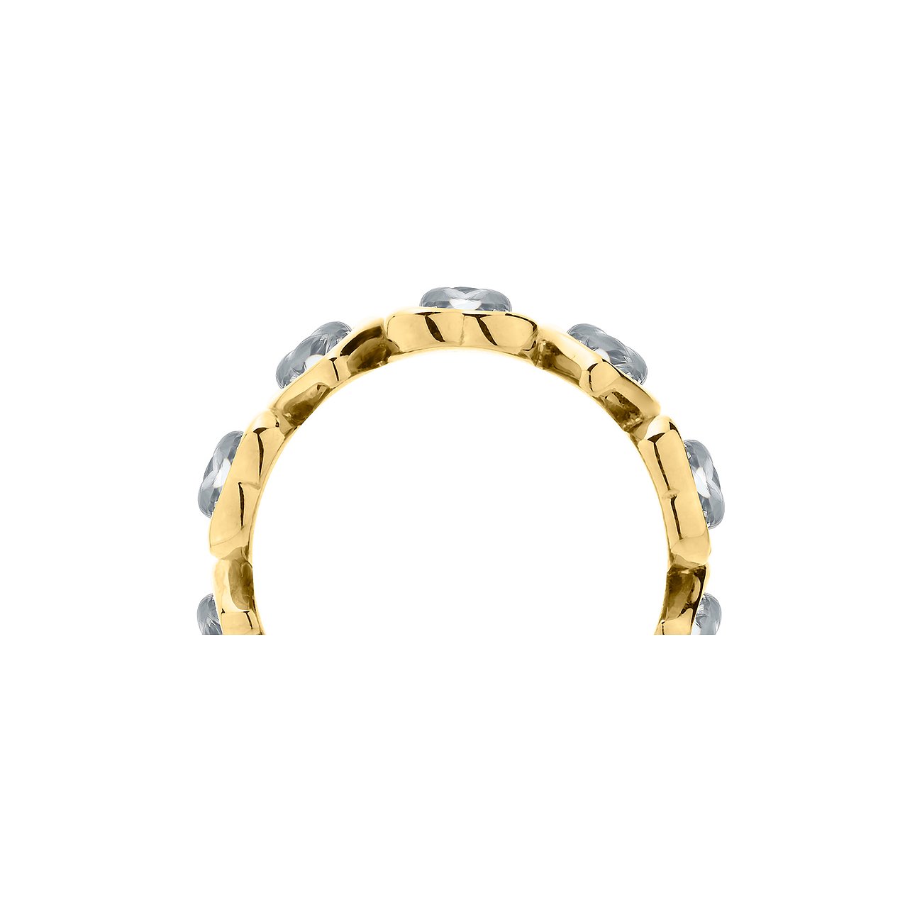 Ein gebogener Liebeskind Ring aus goldfarbenem Edelstahl, besetzt mit mehreren ovalen, klaren Schmucksteinen.