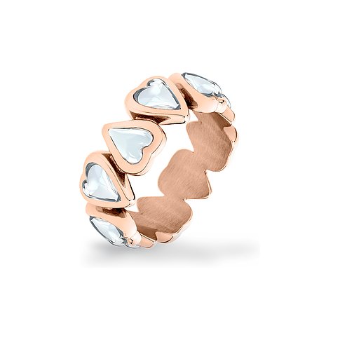 Liebeskind-ringen i roséguld-farvet rustfrit stål er prydet med en række hjerteformede, klare smykkesten.