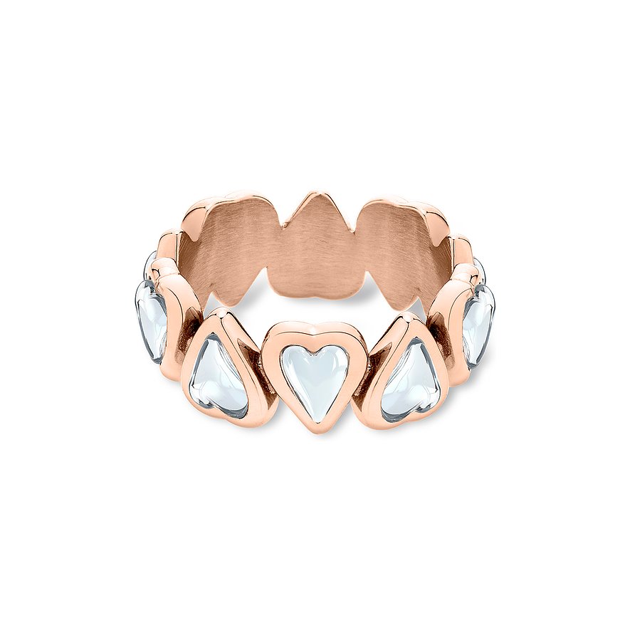 Liebeskind ring van roségoudkleurig roestvrij staal met afwisselend hartvormige en driehoekige, doorschijnende stenen.