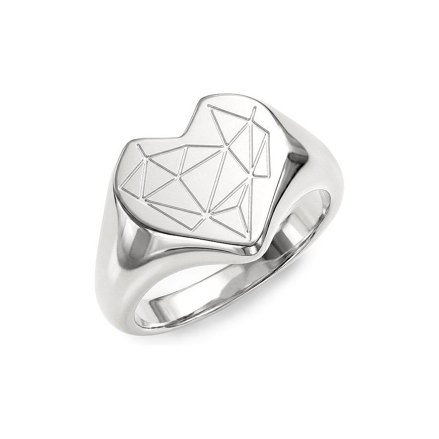 Bague Liebeskind en acier inoxydable, forme cœur, motif géométrique, vue de dessus.