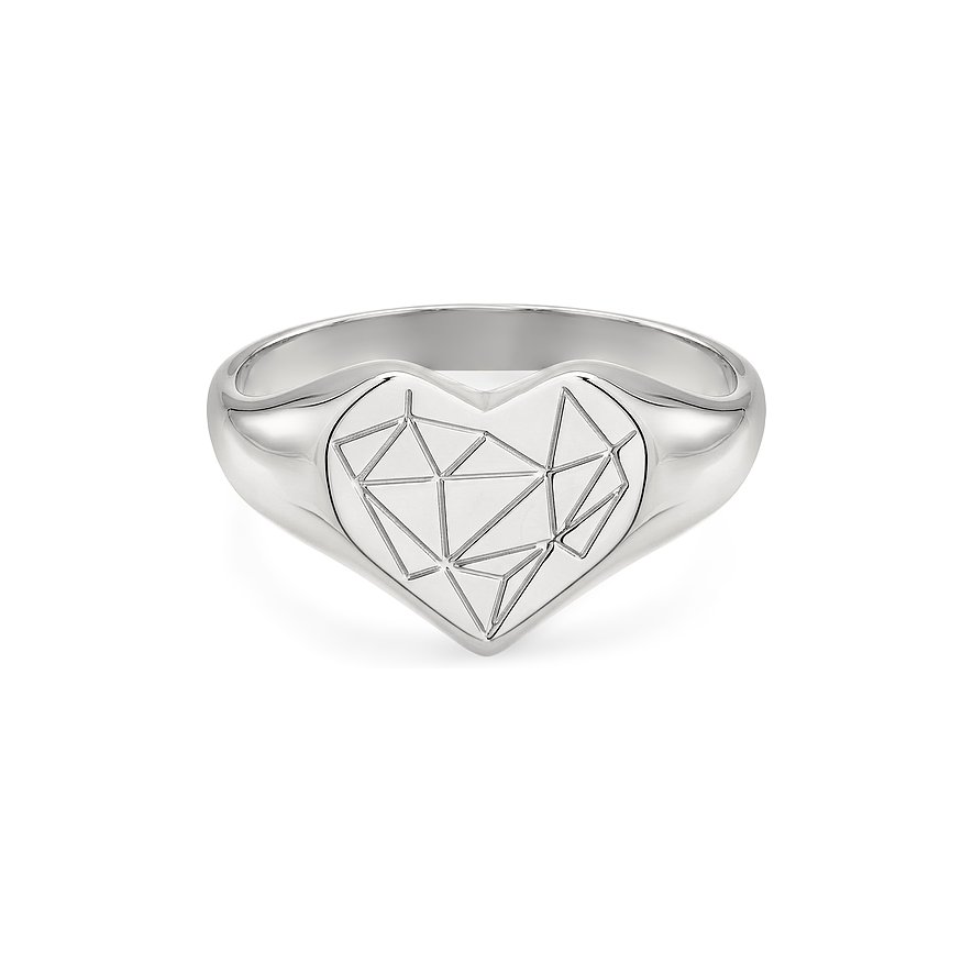 Une bague Liebeskind en acier inoxydable argenté, en forme de cœur avec un motif géométrique sur le dessus.