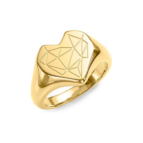 Liebeskind Ring aus goldfarbenem Edelstahl in Herzform von oben gesehen mit geometrischem Muster.