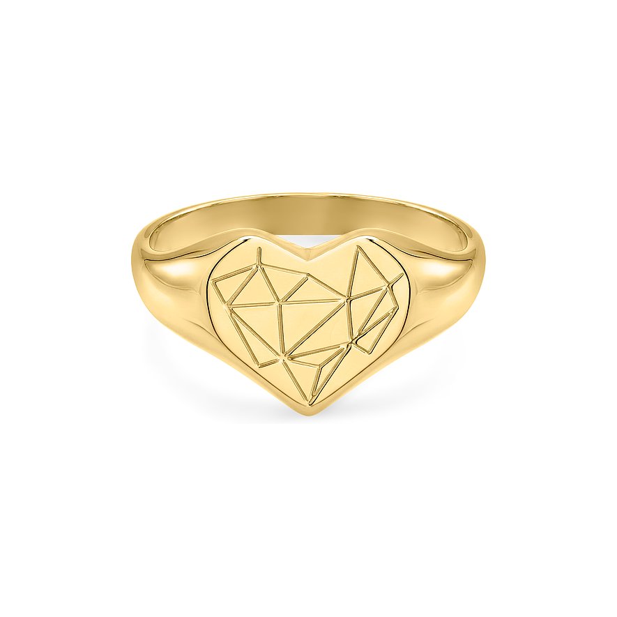 Liebeskind ring van goudkleurig edelstaal in hartvorm met geometrisch patroon bovenaan.