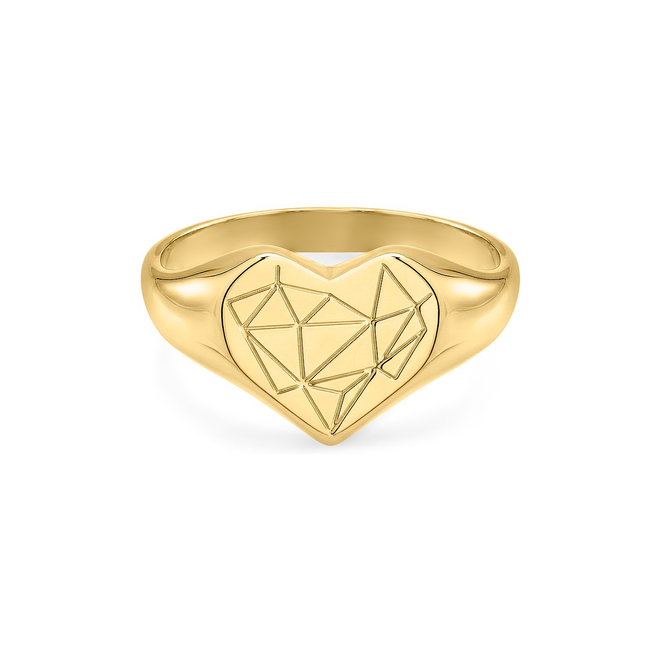 Liebeskind ring van goudkleurig edelstaal in hartvorm met geometrisch patroon bovenaan.